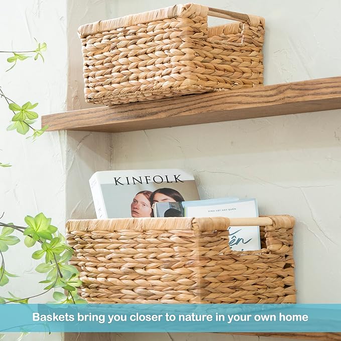 Water Hyacinth Storage Baskets with Wooden Handles, Rectangular Woven Organizer Bins for Closet, Pantry, Bathroom, or Shelves, Natural Decorative Storage Baskets for Home Organization – Set of 3