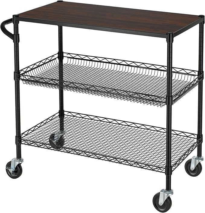 Finnhomy 3 Tier Heavy Duty Commercial Grade Utility Cart with Wood Top, Wire Rolling Cart with Wheels and Handle Bar, Kitchen Carts on Wheels, 18x36x35.4 H Metal Cart with 600 LBS Capacity, Black