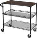 Finnhomy 3 Tier Heavy Duty Commercial Grade Utility Cart with Wood Top, Wire Rolling Cart with Wheels and Handle Bar, Kitchen Carts on Wheels, 18x36x35.4 H Metal Cart with 600 LBS Capacity, Black