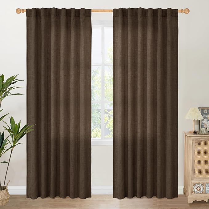 YoungsTex Brown Linen Curtains 80 Inch Length for Living Room, Semi Sheer Window Drapes with Rod Pocket Back Tab Light Filtering for Farmhouse Dining Room Bedroom, 2 Panels, 52 X 80 Inch