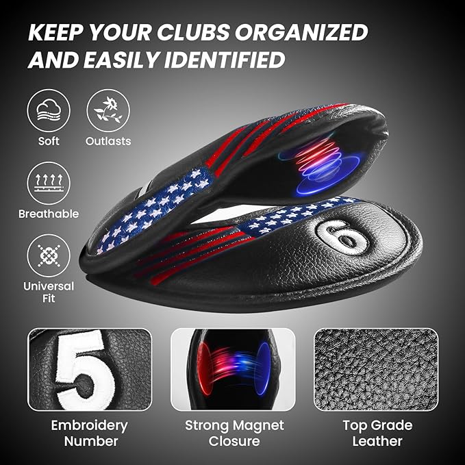 FINGER TEN Golf Club Covers for Irons Magnetic Value 11 Pack, Synthetic Leather Deluxe Head Cover Set Headcovers for Irons Fit Main Iron Clubs