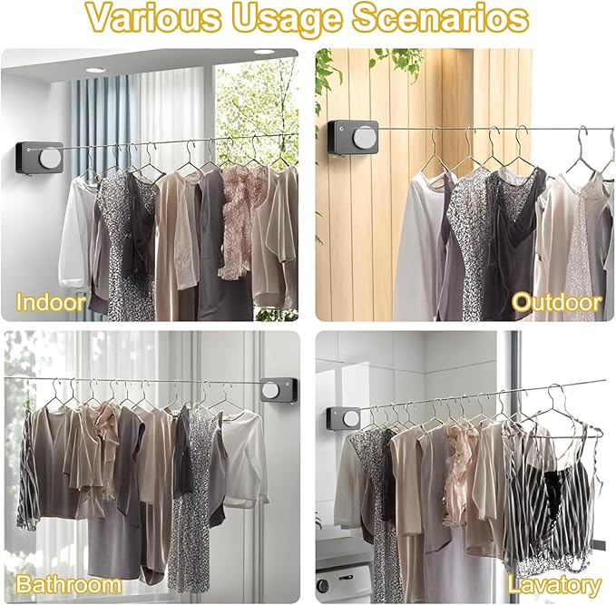 Retractable Clothesline Indoor/Outdoor, Anti-Sag for Drying Clothes Line Retracting Indoor/Outdoor, We Equipped This 13.8 Fts Laundry line Retractable with 4 Large Clips