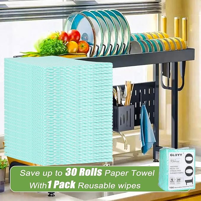 100 Count Disposable Cleaning Towels and Dish Cloths,Super Absorbent Dishcloths,Multi-Surface Cleaning Wipes for Kitchen Dishes, Windows, Bathroom (Green)