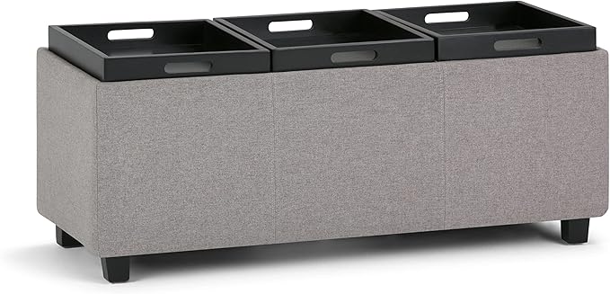 SIMPLIHOME Avalon 42 inch Wide Contemporary Rectangle Storage Ottoman in Cloud Grey Linen Look Fabric, Assembled, for the Living Room, Entryway and Family Room