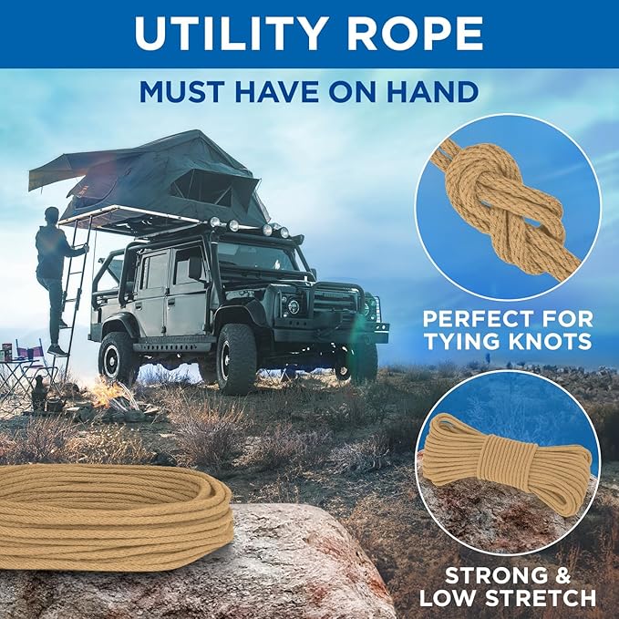 TECEUM Cotton Rope 3/16” (5 mm) – 100 FT – Strong All-Purpose Braided Rope – Natural Cotton – for Crafting, Сamping, Clothes Line, DIY, Indoor & Outdoor Use – Cappuchino