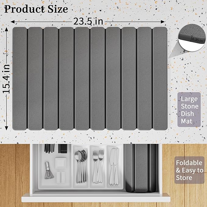 Large Stone Dish Drying Mats for Kitchen Counter – Foldable Quick Dry Stone Mat with Non-Slip Pad & Sandpaper, Super Absorbent Diatomaceous Earth Mat for Dishes and Cups(Dark Gray 23.5"x15.5")