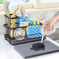 HapiRm Sink Caddy Sponge Holder - Kitchen Sink Organizer with Instant Drying Stone and Brush Holder, Stainless Steel Sponge Caddy for Kitchen Countertop - Black