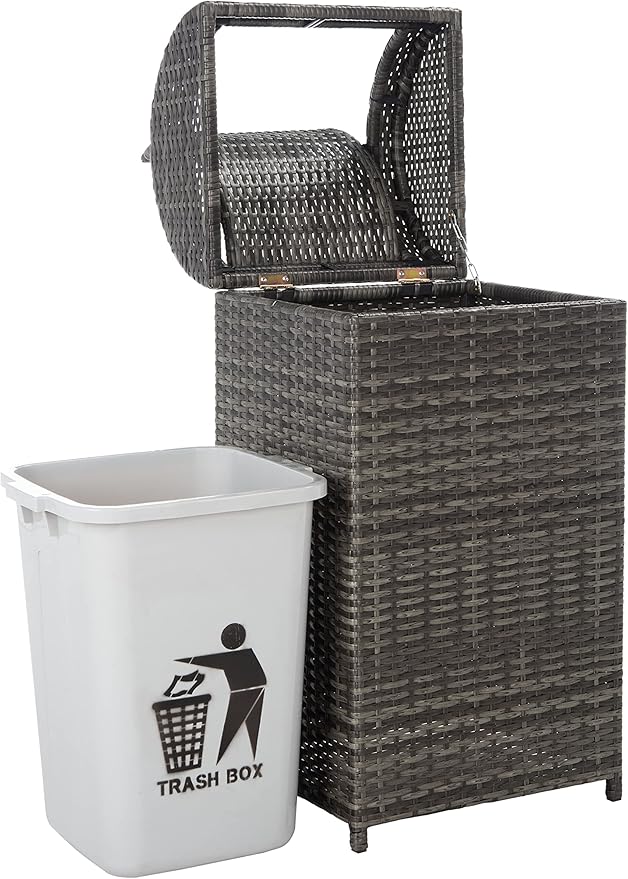 SAFAVIEH Outdoor Collection Mazeli Grey Brown Woven Swing Top Dome Lid Trash Bin (Fully Assembled) PAT7511C