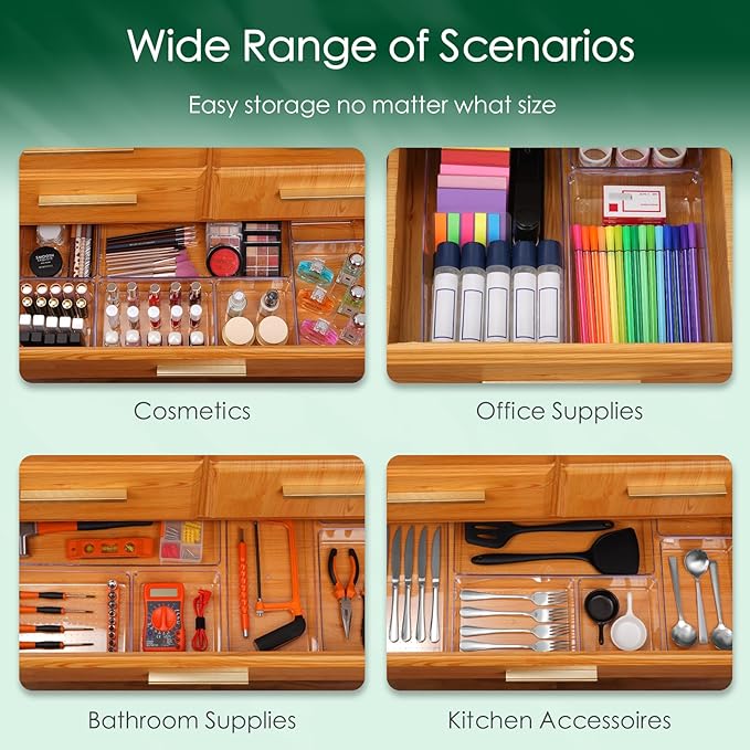 Criusia Drawer Organizer Set, Acrylic Non Slip Non Cracking Kitchen Drawer Storage Tray Large Size Divider, Multifunctional Storage for Cosmetics, Bathroom, Tools, Kitchen and Office (8 PACK)