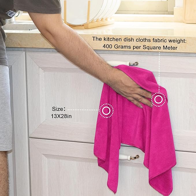 kimteny 13x28 Inches Kitchen Cloth Dish Towels, 400 GSM Premium Dishcloths, Super Absorbent Coral Velvet Microfiber Cleaning Cloths, Fast Drying Rags for Washing Dishes (6 Pack, Rose Red)