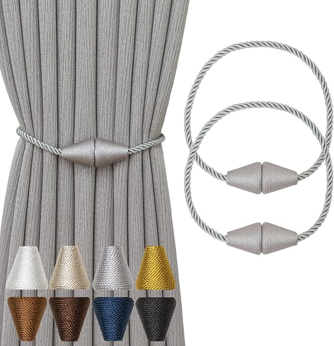 Magnetic Curtain Tiebacks 2 Pack Outdoor Rope Curtain Tie Backs Decorative Window Treatment Holdbacks for Home Decorative Curtain, Grey