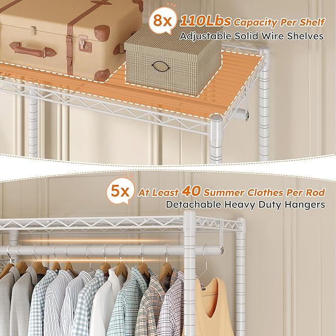 Raybee Clothes Rack,Clothing Racks for Hanging Clothes Heavy Duty,Adjustable Garment Rack with Shelves,rolling clothes rack Max Load 905LBS,75" W x 77" H x 17.8" D,White