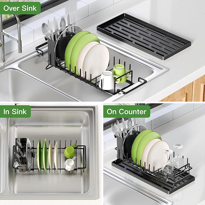 Dish Drying Rack Over the Sink Expandable In Small Black Drainer Dry for Kitchen Counter, Metal Stainless Steel Compact Dishes Drain with Tray, Space Saving Extendable Modern Plate Strainer Holder