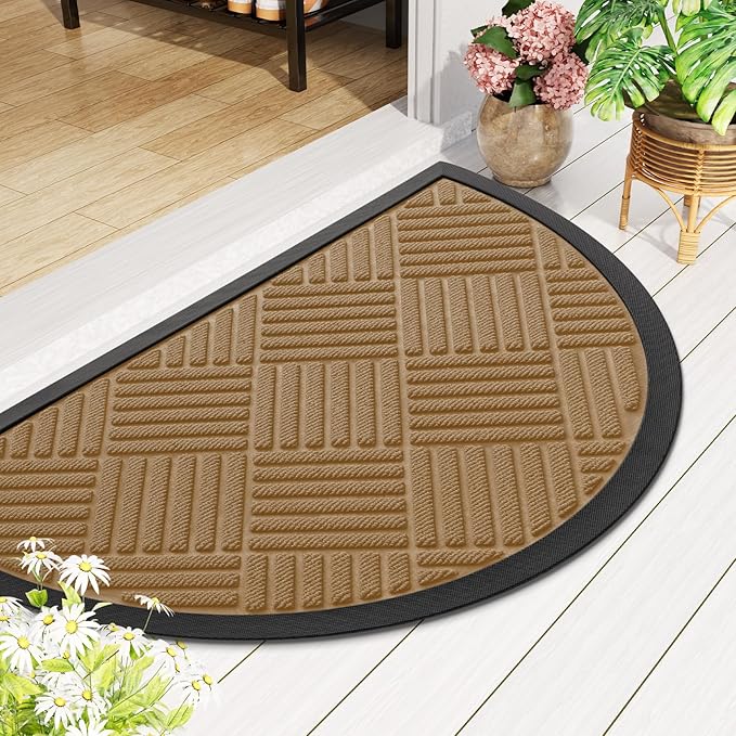 Smiry Half Circle Front Door Mat Outside Entrance, Heavy Duty Outdoor Indoor Natural Rubber Doormat, Non Slip, Trap Dirt and Moisture, Easy Clean Low Profile Patio Porch Entryway Mat, 29.5x17, Coffee