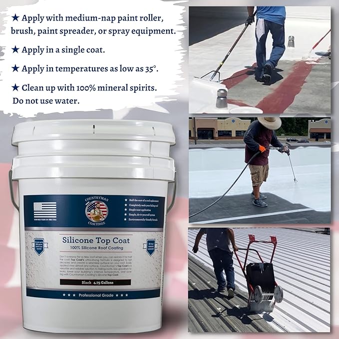 Countryman Coatings 100% Silicone Roof Coating - Restore Your Roof in a Day - Seal Leaks, Cracks, Seams, Penetrations - Adheres to All Surfaces (4.75 Gallon, Black)