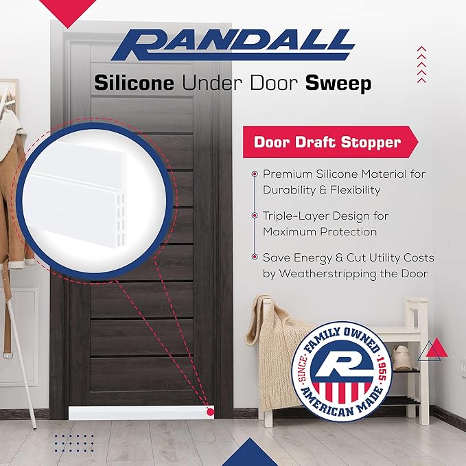 Adhesive Backed Door Draft Stopper – Silicone Under Door Sweep for Interior & Exterior Doors, Noise & Air Insulation, Self Stick Weather Stripping Door Seal, 2" W x 39" L (White) by Randall Mfg