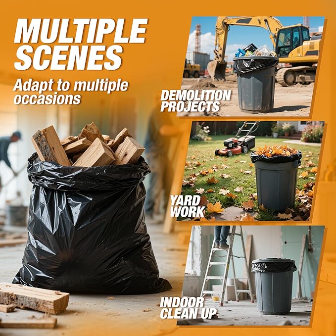 Heavy Duty Contractor Trash Bags 30-33 Gallon 50 Count, 1.5 Mil Extra Thick, Strong Black Garbage Bags, Leakproof Star Seal for Construction, Yard, Demolition Debris