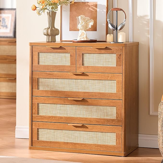 LEYAOYAO Rattan Dresser for Bedroom, 33.5" Tall Chest of Drawers, Modern 5 Drawers Boho Dressers with Storage, Vintage Brown Dresser Wooden Closet Organizer for Living Room, Hallway