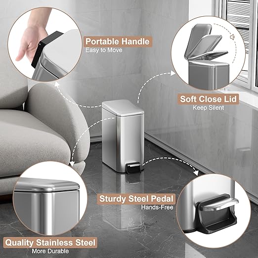 Small Trash Can with Lid Soft-Close, 6 L/1.6 Gal Bathroom Garbage Can with Removable Inner Bucket, Step Pedal, Stainless Steel Wastebasket for Kitchen, Bathroom, Bedroom, Office, Silver