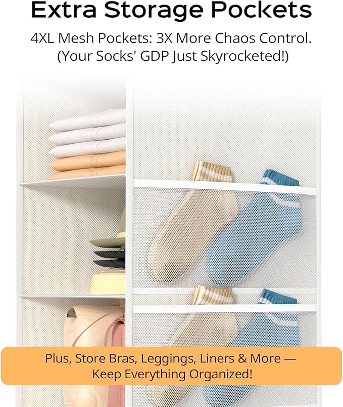 Extra Deep Hanging Closet Organizer with Shelves and Oversized Mesh Pockets, Heavy-Duty Structure, No Deformation, Max Storage for Clothes, Shoes, Hats, Dorms and RVs,1-Pack (White, 6 Tier)