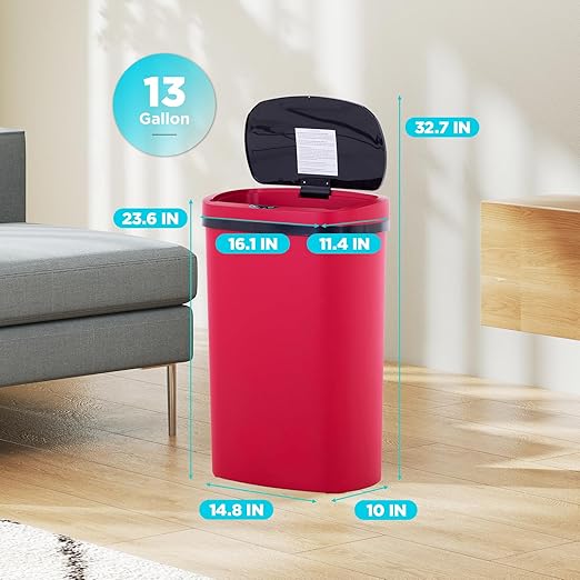 Automatic Motion Sensor Bathroom Trash Can with Lid, 13 Gallon Touchless Trash Bin, Smart Dog Proof Garbage Can, Touch Free Waste Basket for Toilet, Office, Bedroom,Red,2