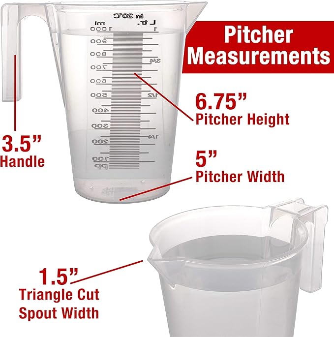 TCP Global 1 Liter (1000ml) Plastic Graduated Measuring and Mixing Pitcher (Pack of 6) - Holds Over 1 Quart (32oz) - Pouring Cups, Measure & Mix Paint, Resin, Epoxy, Kitchen Cooking Baking Ingredients