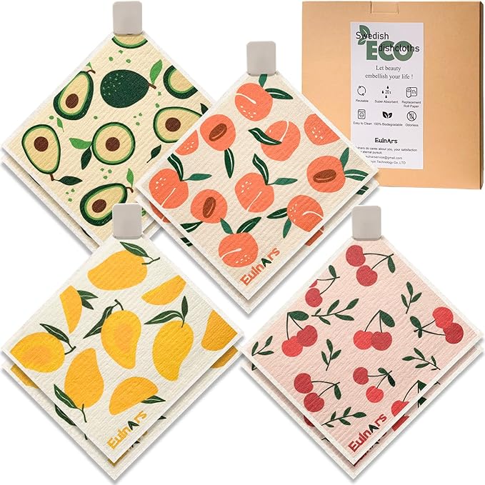 Swedish Dishcloths for Kitchen, 8 Pack Reusable Paper Towels with Clips, Non-Scratch Swedish Kitchen Towels, Super Absorbent Cellulose Sponge Cloths, Dishwasher Safe, No Odor