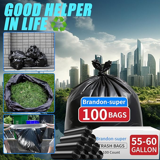 Brandon-super 55-60 Gallon Trash Bags, 50 count, Sturdy & Tear-Resistant Commercial Can Liners 55 Gallon, Large Garbage Bags, Large Black Trash Bags for Commercial, Lawn and Leaf Bags