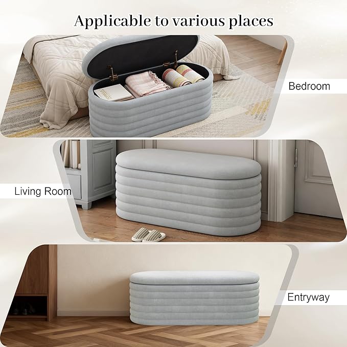 Storage Ottoman Bench, 40" Storage Bench, Upholstered Fabric Storages Benches End of Bed Stool with Safety Hinge, Shoe Storages Benches for Bedroom, Living Room, Entryway, Closet,Light Grey