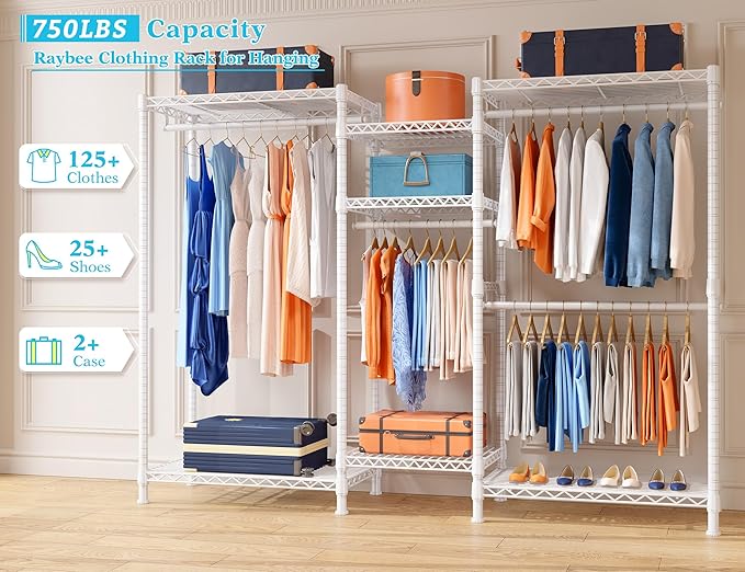 Raybee Clothing Racks for Hanging Clothes Heavy Duty Clothes Rack Load 750LBS Garment Rack, 77" H x 70.5" W x 13.8" D, White