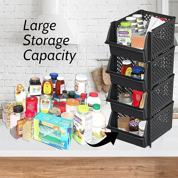 Skywin TidyFriend Plastic Stackable Storage Bins for Pantry, 24 Pack Stackable Bins for Organizing Food, Kitchen, and Bathroom Essentials (Black)