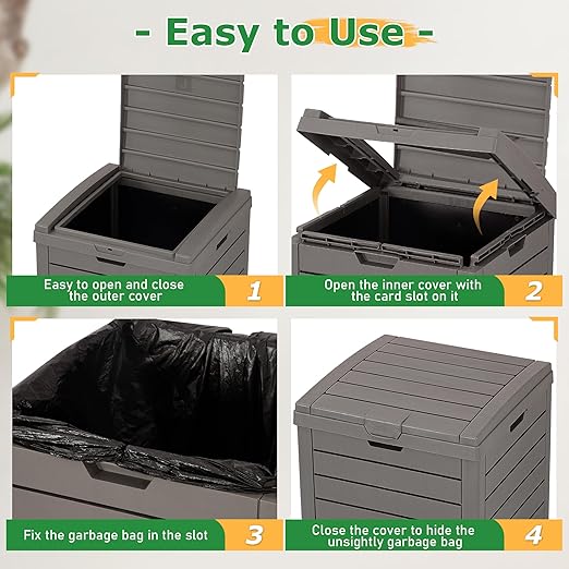 NUNU LAB 31 Gal Outdoor Trash Can with Lid - Heavy Duty Waterproof Resin, Removable Drip Tray, Fits 33-40 Gallon Bags - Large Garbage Bin for Patio, Backyard, Deck