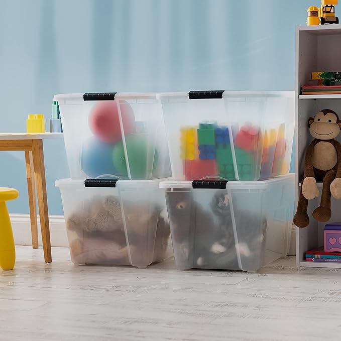 IRIS USA 54 Qt Stackable Plastic Storage Bins with Lids, 4 Pack - BPA-Free, Made in USA - See-Through Organizing Solution, Latches, Durable Nestable Containers, Secure Pull Handle - Clear