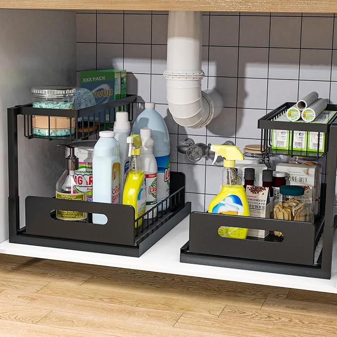 bukfen Under Sink Organizer, Pull Out Cabinet Organizer 2-Tier Slide Out Sliding Shelf Under Cabinet Storage Multi-Use for Under Kitchen Bathroom Sink Organizers and Storage ，2 Pack