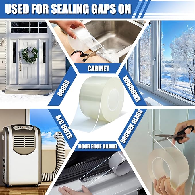 Window Weather Sealing Tape 3 in x 33 FT Weather Stripping Weatherproof Draft Stopper Clear Window Insulation Tape for Doors Windows Garages RVs Energy Saving Kit