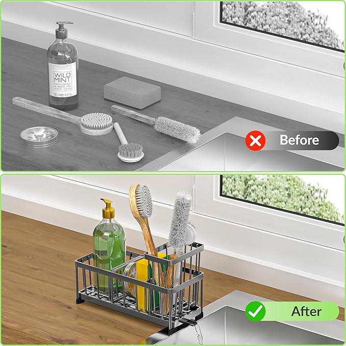Self-Draining Kitchen Sink Caddy with Elevated Brush Holder – Rustproof Stainless Steel Multipurpose Sponge Holder for Kitchen Sink Organizer with Durable Design for Countertop