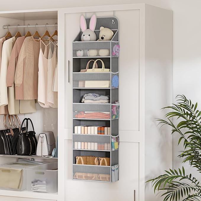 LAMU 5 Tier Over the Door Organizer Hanging, 5 Large Pockets and 10 Side Pockets Behind Door Storage for Baby Toys, 44lbs Back of Door Organizers Shelf for Closet, Nursery and Bathroom, 2 Pack (Grey)