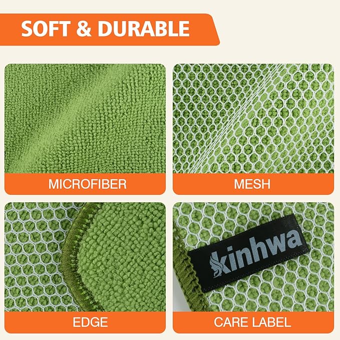 KinHwa Kitchen Washcloths for Dishes Absorbent Microfiber Dish Cloths Quick Dry Dish Rags with Poly Scour Scrub Side Ideal for Kitchen Cleaning (Green, 12inchx12inch 9 Pack)