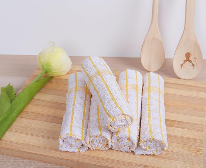 AMOUR INFINI Kitchen Dish Cloths Set of 8 - Ultra Soft, Highly Absorbent, Quick-Drying Terry Cotton Dishcloths 12"x12" Inch Wash & Cleaning Cloths for Kitchen & Dishwashing (Yellow)