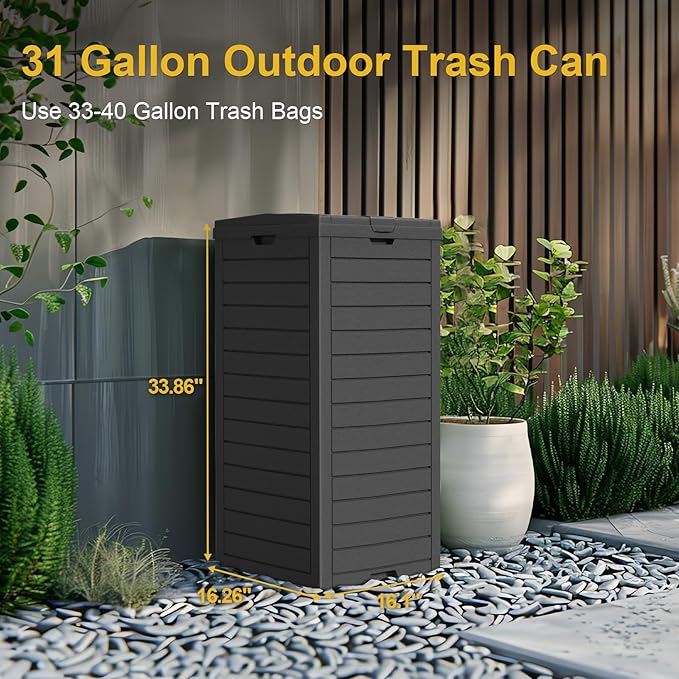 Outdoor Trash Can Waterproof Resin Garbage Bin, 31 Gallon with Tiered Lid and Drip Tray, for Patio, Backyard, Deck（Grey）, Gray