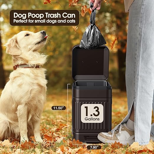CEROELDA Small Trash Can with Lid-5L/1.3 Gal,Stainless Steel Outdoor Dog Poop Garbage Can-Farmhouse Retro Metal Waste Bin w/Step Pedal for Bathroom Bedroom Office-Soft Close-Brown