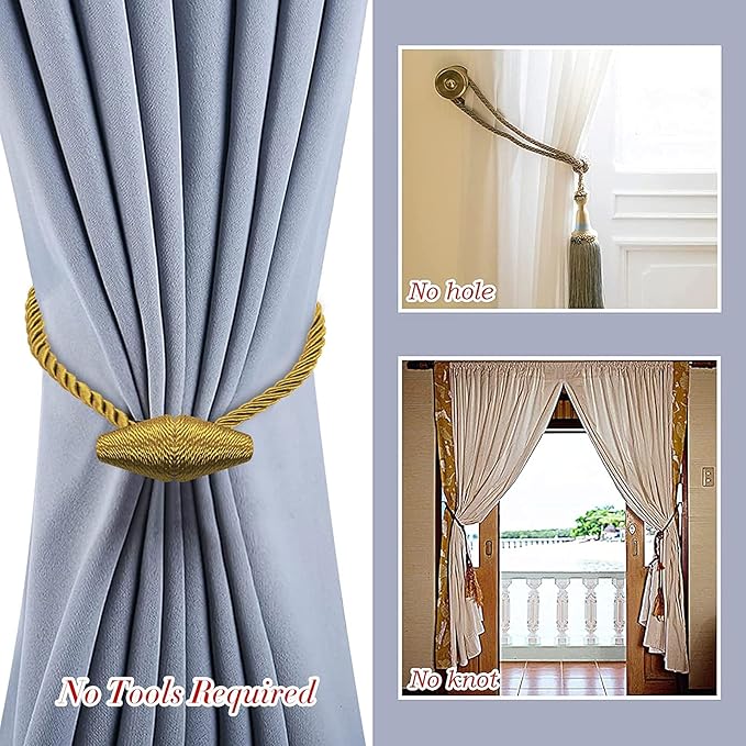Hion Magnetic Curtain Tiebacks Golden 2pcs, Curtain Tiebacks Buckles Holdbacks Holders Hooks Clip for Home Bedroom Office Decorative Curtain