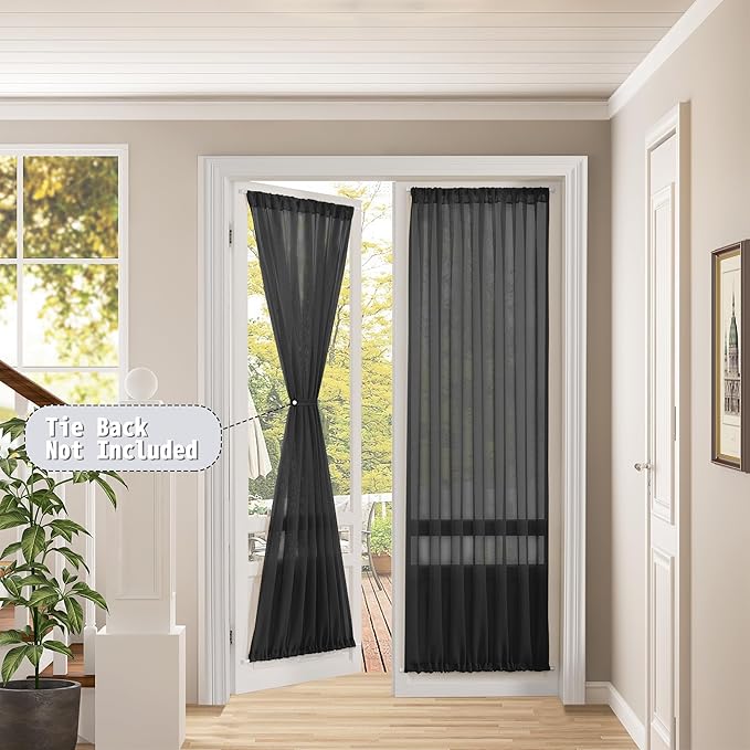 Tollpiz Sheer Door Curtains Closet Linen Textured Curtain Sheers Doorway Light Filtering Voile Patio Glass Door Rod Pocket Curtains French Door, 54 x 80 inches Long, Black, Set of 1 Panel