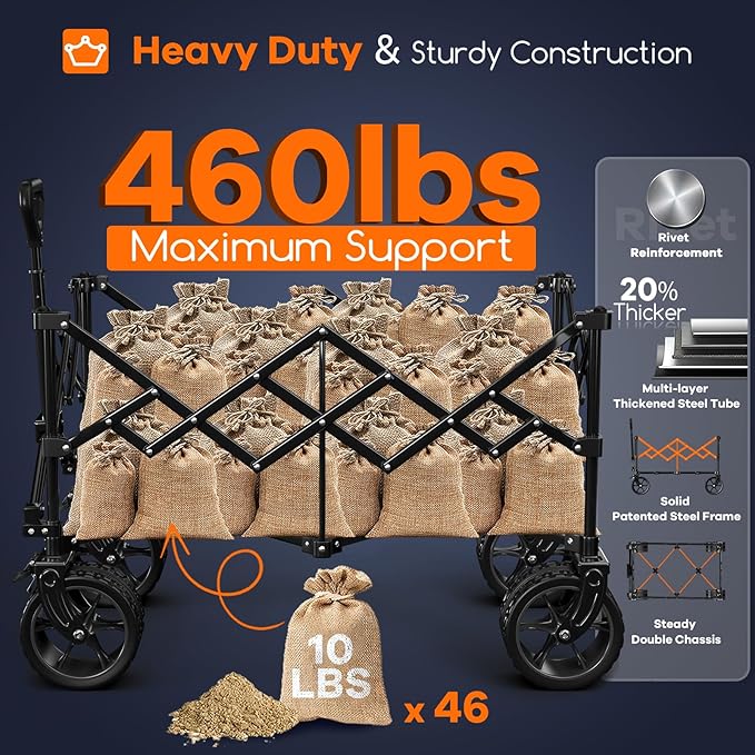 220L Collapsible Wagon Cart Foldable, 460lbs Load Capacity Heavy Duty Folding Beach Wagons with Big All-Terrain Wheels, Utility Carts for Groceries, Shopping, Camping, Sports - Grey