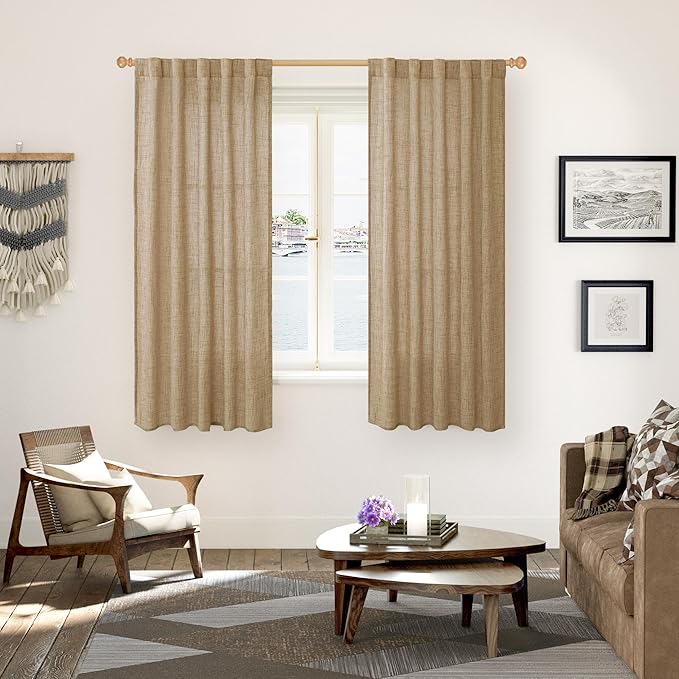 YoungsTex Toffee Linen Curtains 63 Inch Length for Short Living Room Window, Light Filtering Rod Pocket Burlap Textured Drapes for Bedroom Back Tab Rustic, 42 X 63 Inch, 2 Panels