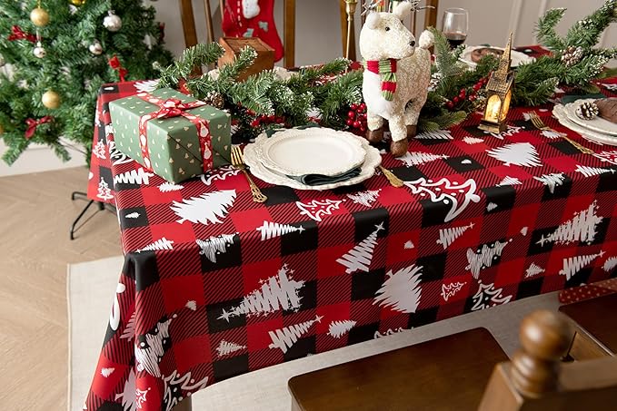 Waterproof Christmas Tree Tablecloth Fabric - Red Oblong 52x70 Inch Classic Buffalo Tartan Festive Table Cloth for Indoor Use - New Year Tabletop Cover for Dinner, BBQs, and Parties