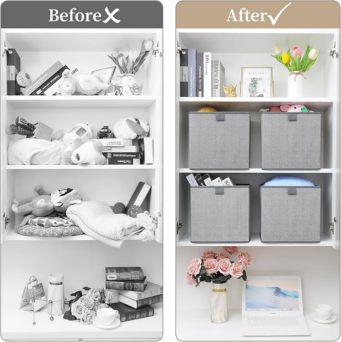Storage Baskets, 11.8-Inch Woven Fabric Bins, Storage Cubes with Reinforced Handles, Organizer Bins for Closet Shelves, Foldable, for Toys, Clothes, Natural Beige (2PCS/Grey-11.8*11.8*11.8inch)
