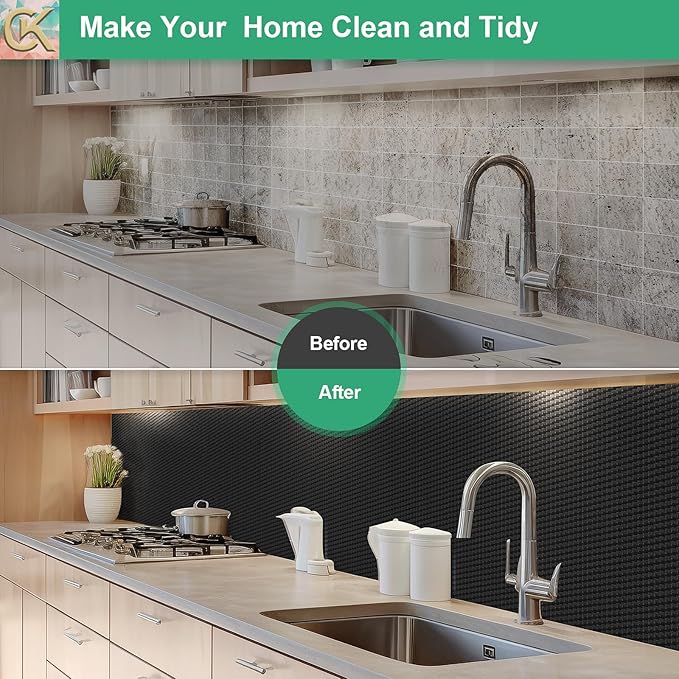 Self-Adhesive Shelf Liner Kitchen Liner, Waterproof Backed Paper Easy Peel and Stick Contact Liner Without Residue for Decor Your Desk Surface, Kitchen Countertops (Black, 23.6 x 393.7 inches)