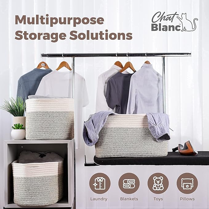 CHAT BLANC Cotton Rope Baskets for Organizing | 15”x10”x9” Storage Baskets for Shelves | Small Laundry Woven Baskets for Storage, Dog Toy Bin, Baby Basket,Off White&Brown 3 Pack