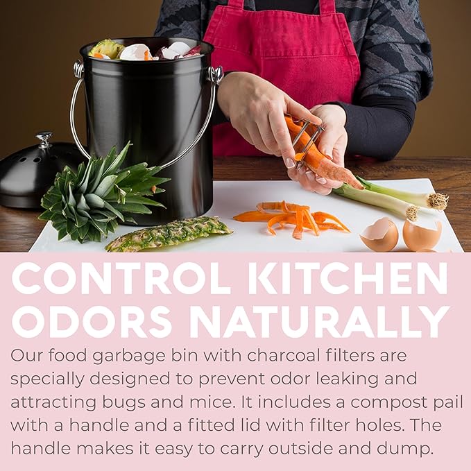 EPICA Countertop Compost Bin Kitchen | 1.3 Gallon | Odorless Composting Bin with Carbon Filters | Indoor Compost Bin with Lid | Stainless Steel Kitchen Composter for Food Scraps & Waste Recycling